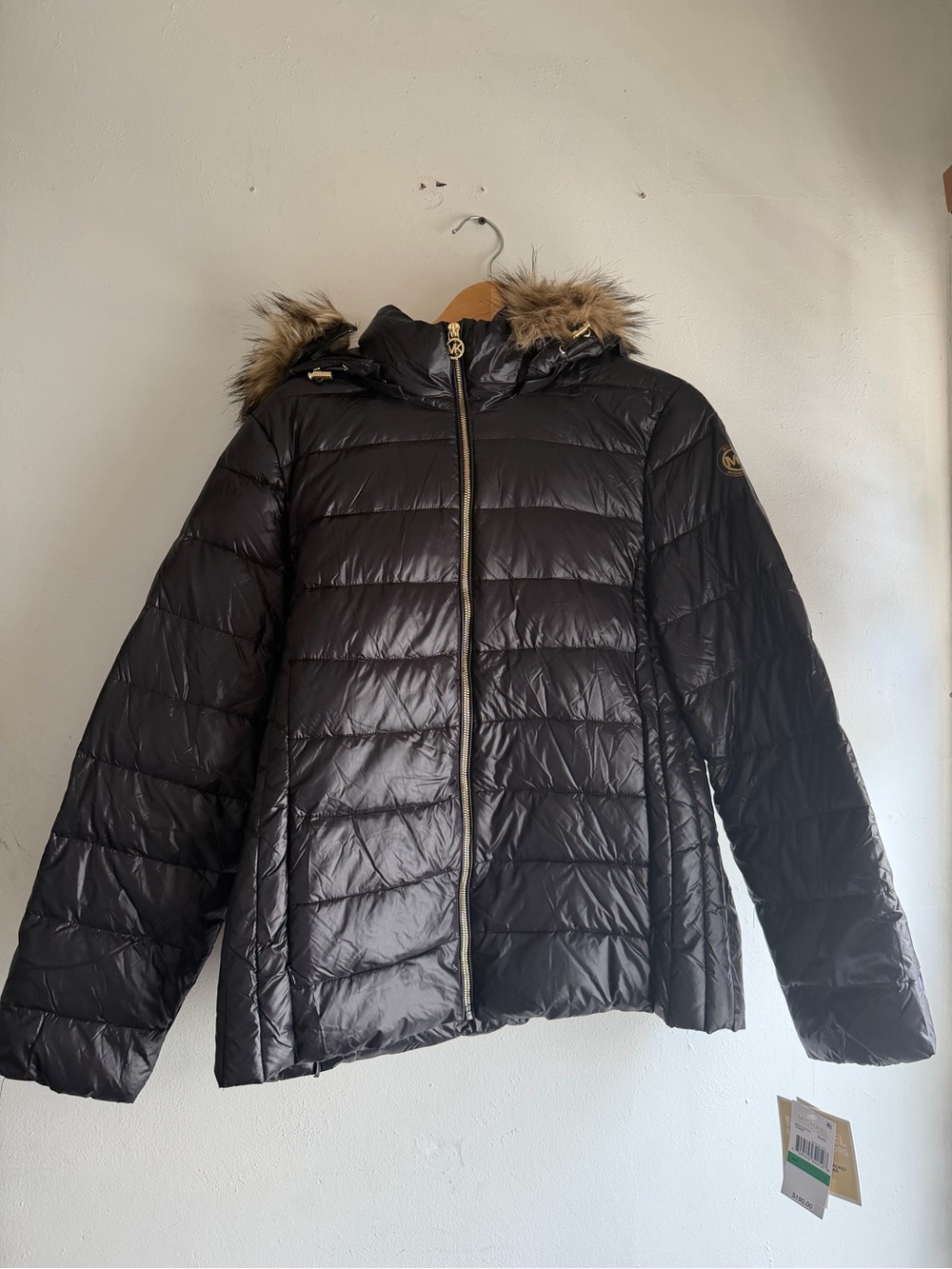 Michael Kors Black Quilted Puffer Jacket with Faux Fur Trim